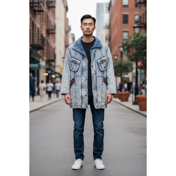 East West Other - Vintage East West Denim Jacket With Faux Leather Accents & Pockets Button & Zip